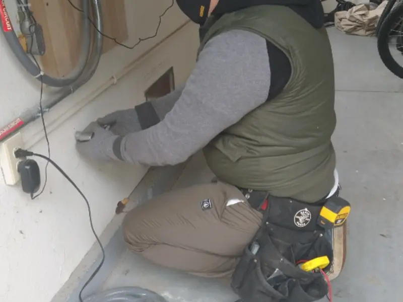 Electrician performing outlet wiring in a Liberal garage